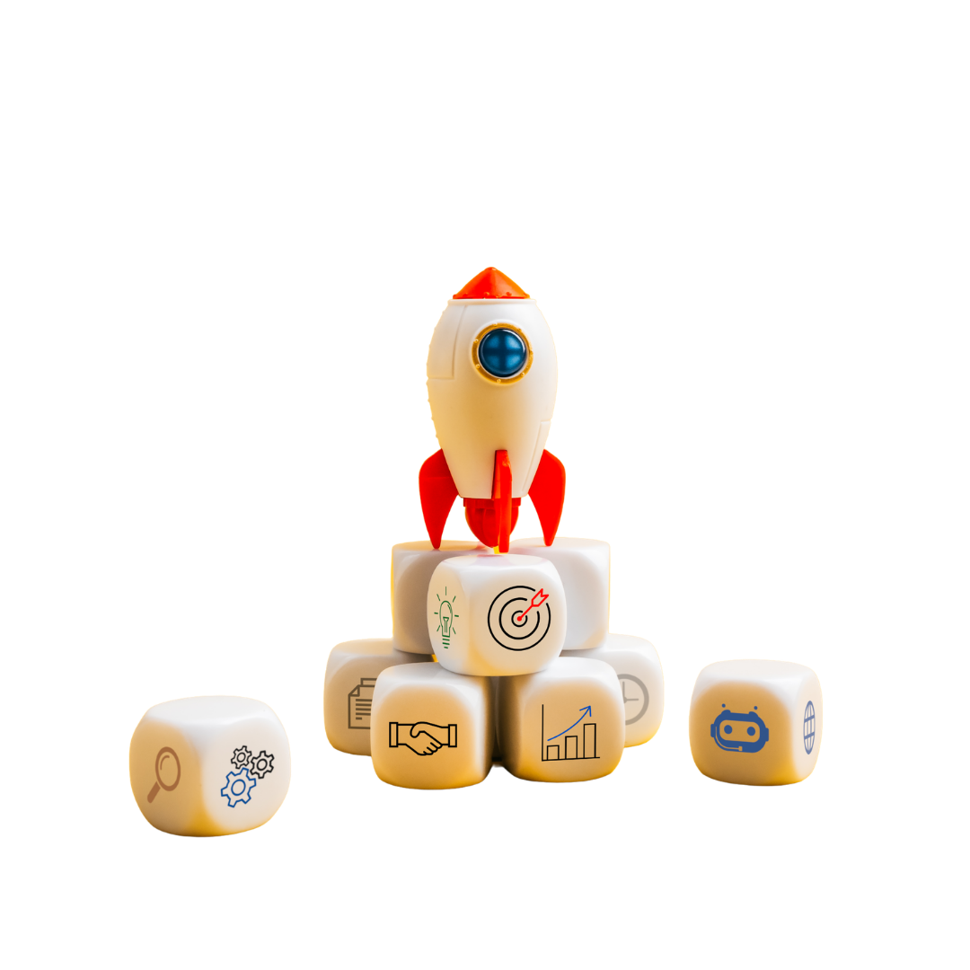 Rocket launching from building blocks — startup growth illustration